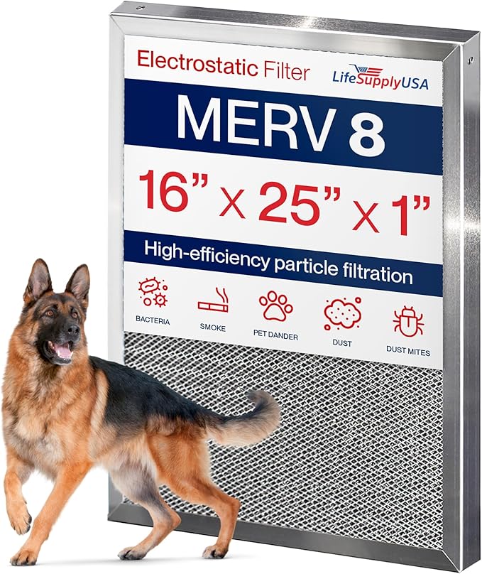 16x25x1 Electrostatic Air Filter, MERV 8, Washable, Reusable Furnace AC/HVAC Filter, Energy Saving, Easy to Clean, Long-Lasting by LifeSupplyUSA