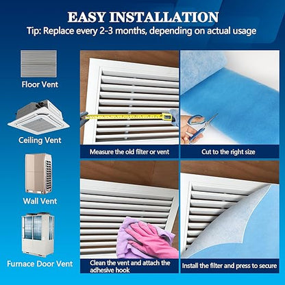 MERV 8 Air Vent Filters, 12" x 90"X 2Roll Cut to Fit Air Filter Material (100+ Filters),Electrostatic Triple Vent Filter for Floor, Ceiling, HVAC & RV Vents, Includes 48 Adhesive Hook Tape