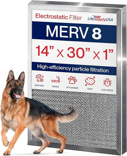 14x30x1 Electrostatic Air Filter, MERV 8, Washable, Reusable Furnace AC/HVAC Filter, Energy Saving, Easy to Clean, Long-Lasting by LifeSupplyUSA