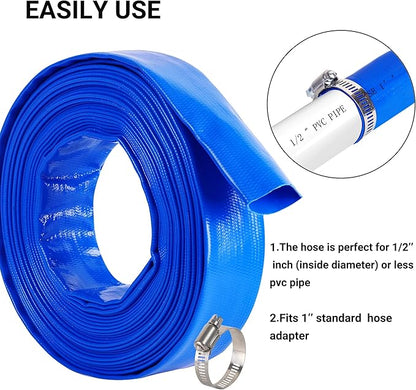 1" x 50 FT Pool Backwash Hose, Blue Heavy Duty Reinforced PVC Lay Flat Water Discharge Hose for Swimming Pool Filter Pump,with 2 Clamp