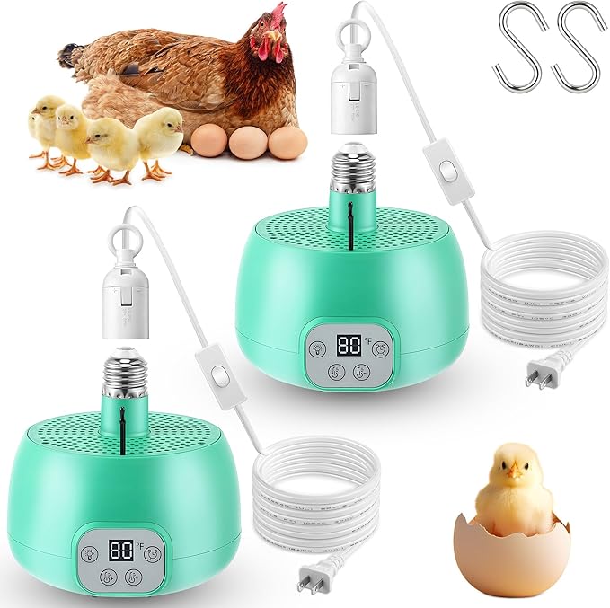 Enhon 2 Sets Chicken Coop Heater, Timing Heat Lamp for Chickens, Smart Temperature Control Chicken Brooder Heater Greenhouse Warmer, 5 Ft Ultra Long Cable Reptile Heating Lamp for Chicks Duck Dog Cat