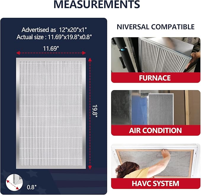 12x20x1 (Actual Size:11.75x19.75x0.86）Lifetime Electrostatic Air Filter, MERV 8 Washable Aluminum AC/HVAC Furnace Filter, Reusable Permanent Air Filter, Easy to Clean, Healthier Home/Office