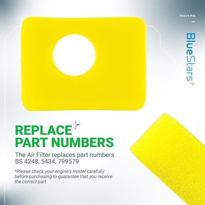 BlueStars 6 Pcs 799579 Air Cleaner Foam Filter - Compatible with 09P602 09P702 550e-550ex Series 09P000 08P000 Engine Lawn Mower - Replaces for BS 4248 5434 799579