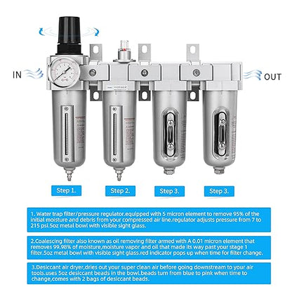 NANPU 1/2" NPT Industrial Grade 4 Stage Air Drying System - Particulate Filter, Coalescing Filter, Double Desiccant Dryers & Air Regulator, Metal Bowl, Manual Drain, for Paint Spray＆ Plasma Cutter