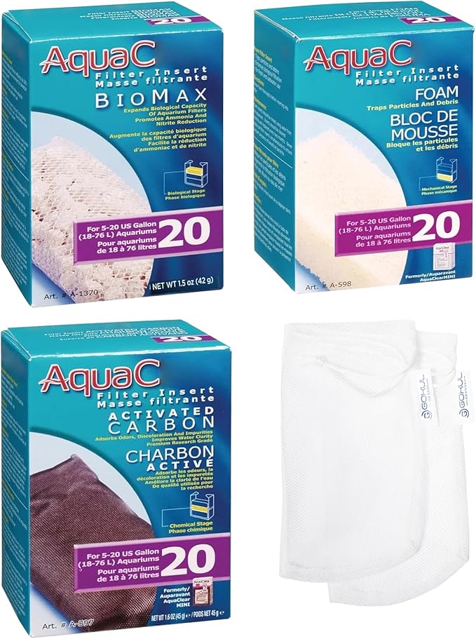 AquaClear 20 HOB Maintenance & Replacement Filter Media Kit, Including Gokul Brands Mesh Bags (AquaClear Activated Carbon Inserts 45g-1 Pack, BioMax Media 42g, Filter Foam Insert 1-Pack)