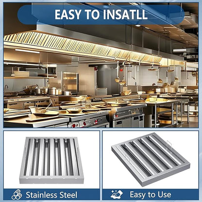 Stainless Steel Commercial Kitchen Hood Filter 19.5 W x 15.5 H Inch Range Hood Baffle for Grease Rated Commercial Kitchen Exhaust Hood 4 Grooves Hood Filter (5 Pack)