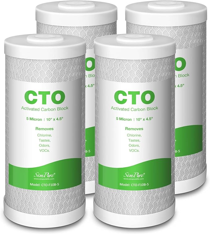SimPure Whole House Water Filter Cartridges 5 Micron 10" x 4.5" CTO Activated Carbon Block, For DB10P, DB10C-2, GE GXWH40L, GXWH35F, BB10, FXHTC, FC15B, 4 Pack