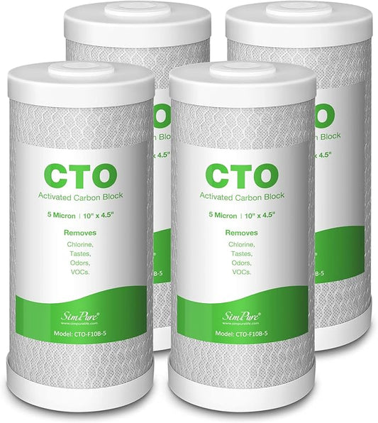 SimPure Whole House Water Filter Cartridges 5 Micron 10" x 4.5" CTO Activated Carbon Block, For DB10P, DB10C-2, GE GXWH40L, GXWH35F, BB10, FXHTC, FC15B, 4 Pack