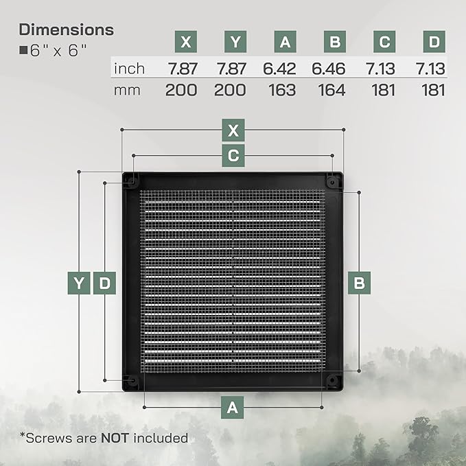 Vent Systems 6" x 6" (Opening Dimensions) - Pack of 2 - Black Plastic Soffit Vent Cover - Durable Flat Square Air Vent Grille with Mesh Screen - Ventilation Grill Wall & Ceiling Indoor & Outdoor
