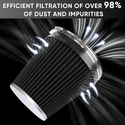 6" 152mm Cold Air Intake Filter Clamp-On Replacement High Flow Inlet Air Filter High Performance Washable Cone Filter 7" Tall Black