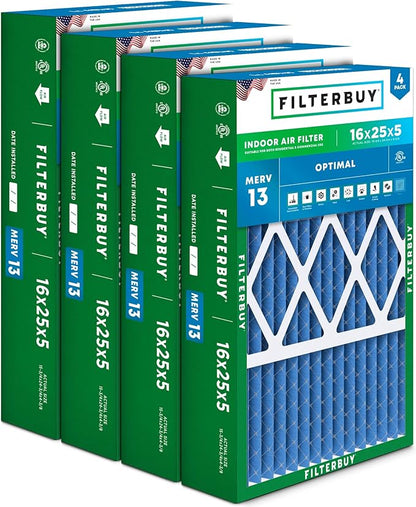 Filterbuy 16x25x5 Air Filter MERV 13 Optimal Smoke & Allergy Defense (4-Pack), Pleated HVAC AC Furnace Filters for Honeywell FC100A1029, Lennox X6670, and More (Actual Size: 15.75 x 24.75 x 4.38)