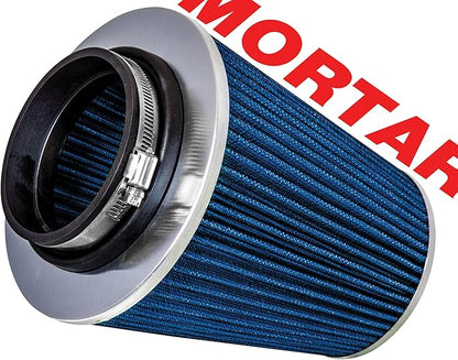 Mortar Aftermarket Auto Air Filter - Car Enthusiast Class Universal Cold Air Intake Gulps in More Air for More Engine Power & Passionate Induction Sound, 8-In-Long, Flange ID 4 In, Blue