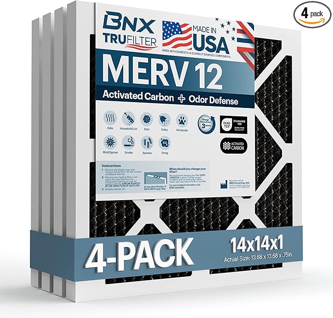 BNX TruFilter 14x14x1 MERV 12 Odor Defense (4-Pack) AC Furnace Air Filter with Activated Carbon - MADE IN USA - Pleated Air Conditioner HVAC AC Furnace Filters - Removes Odor, Mold, Bacteria, Smoke