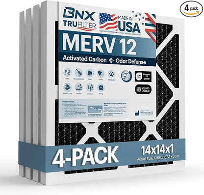 BNX TruFilter 14x14x1 MERV 12 Odor Defense (4-Pack) AC Furnace Air Filter with Activated Carbon - MADE IN USA - Pleated Air Conditioner HVAC AC Furnace Filters - Removes Odor, Mold, Bacteria, Smoke