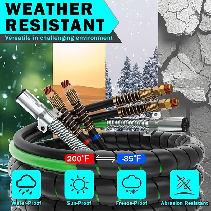 CheeMuii 15 FT Semi Truck Air Line Kit with Gladhands, Air Line Holder, Springs & 7 Way Trailer Cord