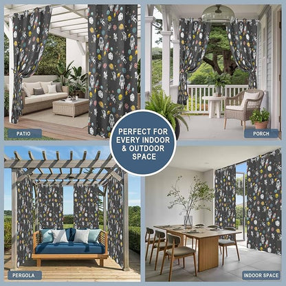Cartoon Space Outdoor Curtains for Patio Rockets Planets Astronauts Gray Waterproof Outside Curtains with Grommet Top Weatherproof Curtain for Cabana Pergola Gazebo, 1 Panel, 54" W x 95" L