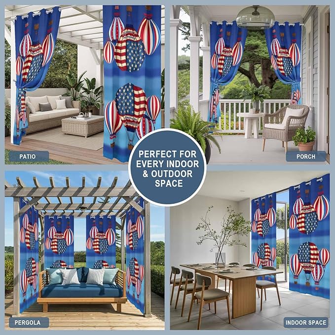 Independence Day Waterproof Outdoor Curtains for Patio, Windproof Weatherproof Curtains with Weighted Hem, Hot Air Balloon Patriotic Star Light Filtering Privacy Drapes for Porch 54"x 84" 2 Panels