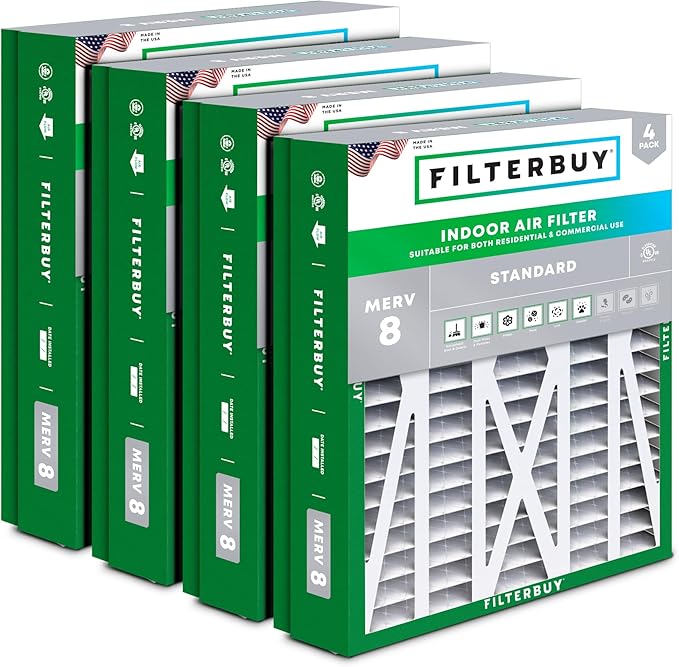 Filterbuy 21x23.5x5 Air Filter MERV 8 Essential Dust & Allergy Defense (4-Pack), Pleated HVAC AC Furnace Filters for Trane Perfect Fit & American Standard (Actual Size: 20.00 x 23.09 x 4.97)