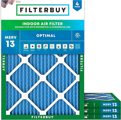 Filterbuy 21x22x1 Air Filter MERV 13 Optimal Smoke & Allergy Defense (4-Pack), Electrostatic Pleated HVAC AC Furnace Filters Replacement, Made in USA (Actual Size: 20.50 x 21.50 x 0.75)