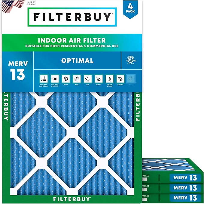 Filterbuy 21x23x1 Air Filter MERV 13 Optimal Smoke & Allergy Defense (4-Pack), Electrostatic Pleated HVAC AC Furnace Filters Replacement, Made in USA (Actual Size: 20.50 x 22.50 x 0.75)