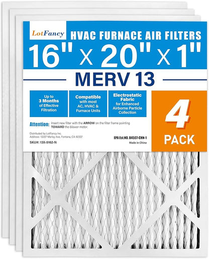 LotFancy 16x20x1 Air Filter MERV 13 4-Pack, Electrostatic Pleated HVAC Furnace Air Filter, Captures Pet Dander Smog Smoke, Actual Size: 15.75"x19.75"x0.75"