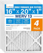 LotFancy 16x20x1 Air Filter MERV 13 4-Pack, Electrostatic Pleated HVAC Furnace Air Filter, Captures Pet Dander Smog Smoke, Actual Size: 15.75"x19.75"x0.75"