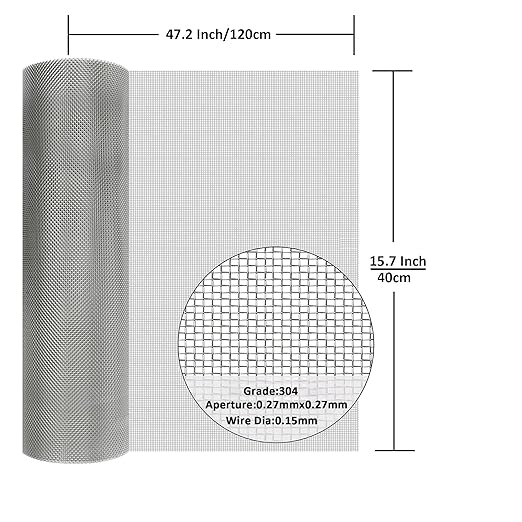 304 Stainless Steel Mesh Screen#60Mesh -Size:15.7"x47.2"(40x120cm), for Home, Garden and Farm. Window or Door Filter, Guards Against Pests Like Mice, Snakes, and Rodents. Easy to Cut and Install.
