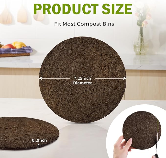 12 Pack Biodegradable Natural Filters for Kitchen Compost Bin, 7.25 Inch Compost Bin Charcoal Filter for Countertop Bin Pail Replacement, Longer Lasting Round Activated Charcoal Home Bucket Refill Set