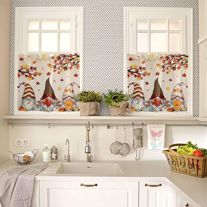 Fall Kitchen Curtain Set, Orange Pumpkins Thanksgiving Gnomes Autumn Maple Leaf Window Valance and Tiers 24" Length, Light Filtering Short Curtains Valance for Cafe Bathroom Bedroom 54"x18"