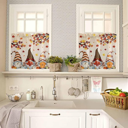 Fall Kitchen Curtain Set, Orange Pumpkins Thanksgiving Gnomes Autumn Maple Leaf Window Valance and Tiers 24" Length, Light Filtering Short Curtains Valance for Cafe Bathroom Bedroom 54"x18"
