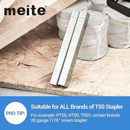 meite T-50 Heavy Duty Staples, 9/16 Inch Galvanized T-50 Staples for Staple Gun, 20 Gauge 3/8 Inch Crown Staple for Upholstery, Construction, Furniture (1 Case)