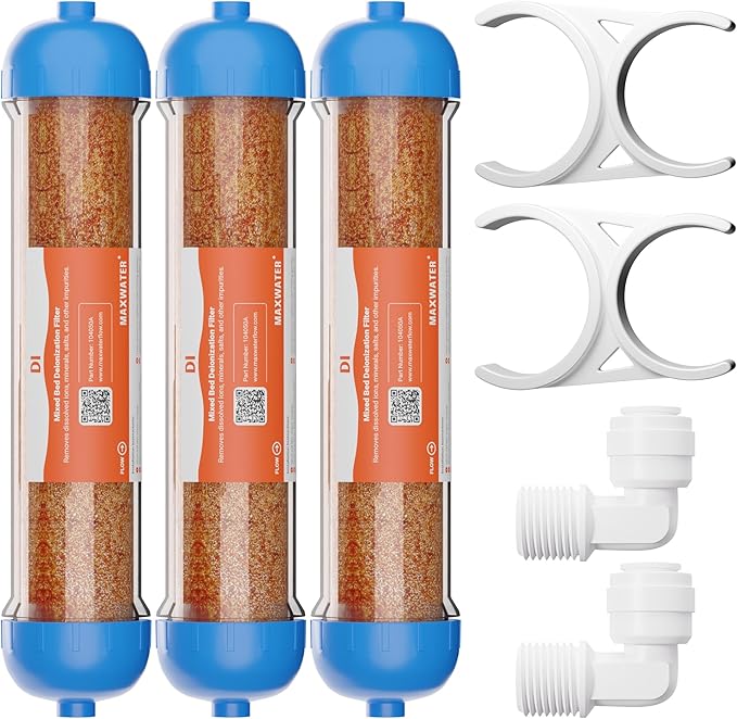 (3 Pack) Mixed Bed Ion Exchange Aquarium Filter Resin 0 PPM RO DI Refillable Housing w/Clamps & Fittings, Compatible with 10" Reverse Osmosis Water Filtration Systems, for High TDS in Water