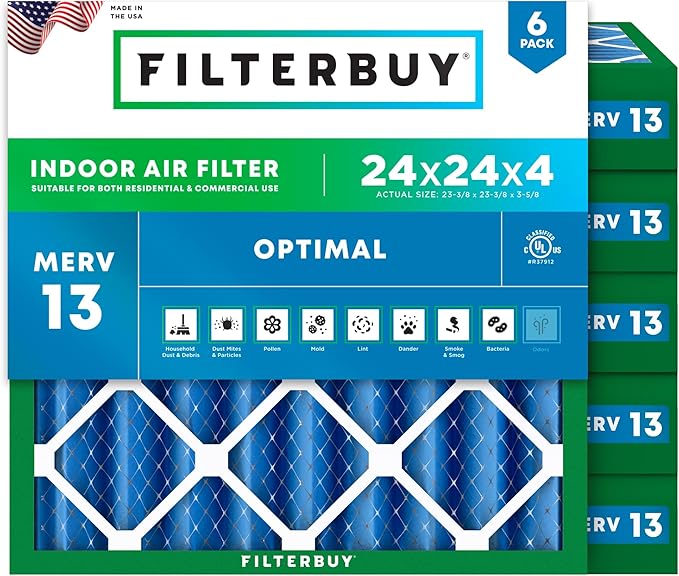 Filterbuy 24x24x4 Air Filter MERV 13 Optimal Smoke & Allergy Defense (6-Pack), Electrostatic Pleated HVAC AC Furnace Filters Replacement, Made in USA (Actual Size: 23.38 x 23.38 x 3.63)