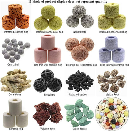 Aquarium Filter Media 15-in-1 Mineral Balls & Ceramic Rings - 1000g with Zippered Mesh Bag for Fish Tank/Pond Filters