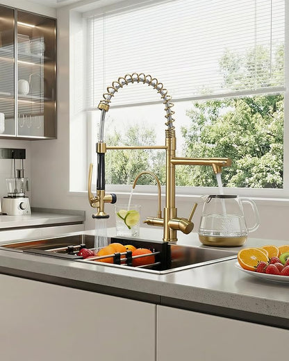 Fapully Commercial 3 Way Kitchen Faucets with Pull Down Sprayer and Water Filler,3 in 1 Kitchen Sink Faucet with Drinking Water Faucet Brushed Gold