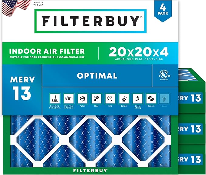 Filterbuy 20x20x4 Air Filter MERV 13 Optimal Smoke & Allergy Defense (4-Pack), Electrostatic Pleated HVAC AC Furnace Filters Replacement, Made in USA (Actual Size: 19.50 x 19.50 x 3.63)