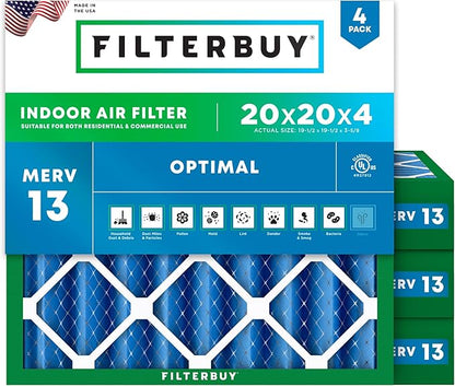 Filterbuy 20x20x4 Air Filter MERV 13 Optimal Smoke & Allergy Defense (4-Pack), Electrostatic Pleated HVAC AC Furnace Filters Replacement, Made in USA (Actual Size: 19.50 x 19.50 x 3.63)