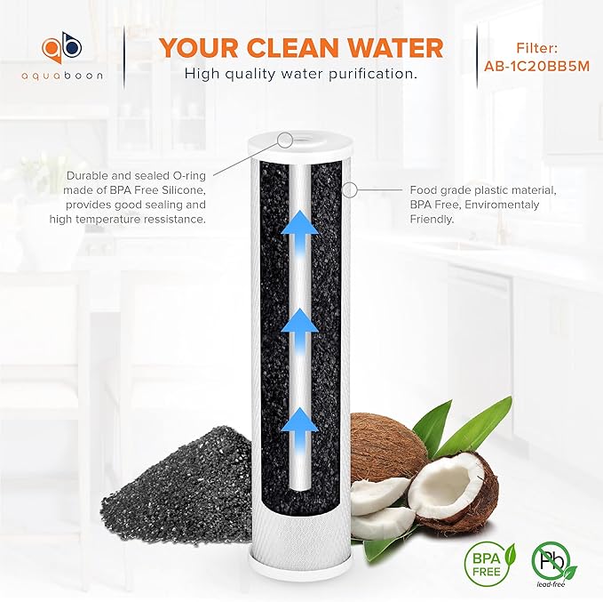 Aquaboon 4.5 x 20 Water Filter 5 Micron Carbon Block Water Filter Replacement Cartridge Large Capacity for Whole Home Water Filtration Compatible with Pelican Water PRL-RCL, Pentek EP-20BB (6 Pack)