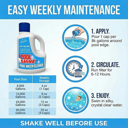 3-in-1 Pool Cleaner & Clarifier - Pool Chemicals, Pool Enzyme Cleaner, Water Clarifier, Waterline Scum Control, Filter Care, Clear Water Finish, 3 Liter (101.5 fl oz) - BubbyShine