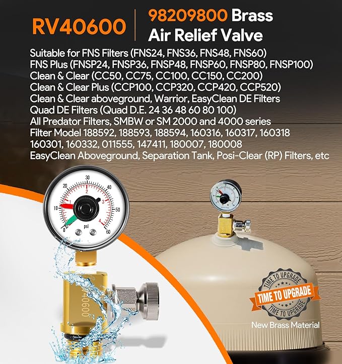 RV40600 98209800 Brass Air Relief Valve with Pressure Gauge, Air Release Valve Replacement Parts For All FNS, FNS Plus, Clean and Clear, Quad DE, Predator, 4000 Series, EasyClean, Warrior Pool Filter
