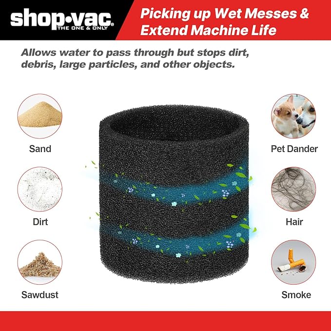 Shop-Vac 90585 Foam Sleeve Filter Replacements for Most Shop-Vac Wet/Dry Vacuum Cleaners 5 Gallon and Above, Replace Parts # 9058500, 7 Pack