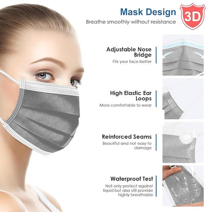 NNPCBT Grey Disposable Face Masks 125 Pack,3-Ply Breathable Mask For Adults,Great For Outdoors,Home, Office, School