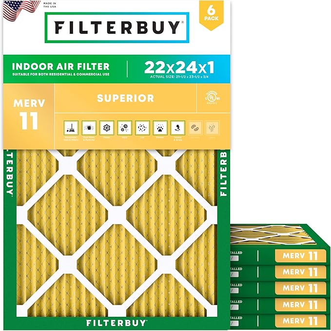 Filterbuy 22x24x1 Air Filter MERV 11 Superior Pet & Allergy Defense (6-Pack), Electrostatic Pleated HVAC AC Furnace Filters Replacement, Made in USA (Actual Size: 21.50 x 23.50 x 0.75)