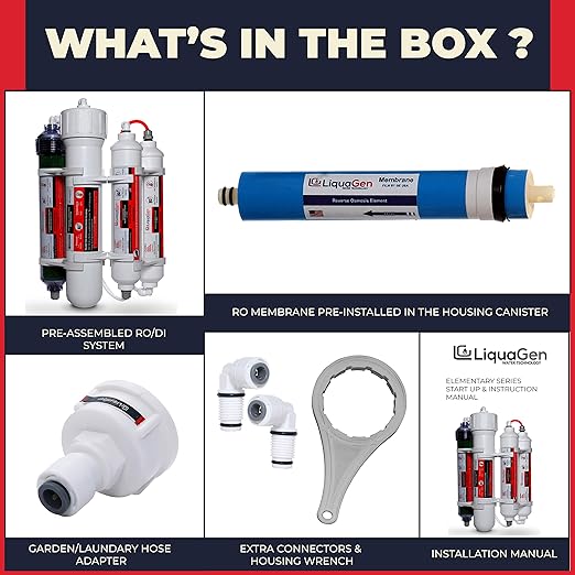 LiquaGen 4 Stage Reverse Osmosis and Deionization (RO/DI) Portable Space Saver Water Purification System | Water Filtration System for Aquarium Filter Processes + Manual Flush Valve (100 GPD)