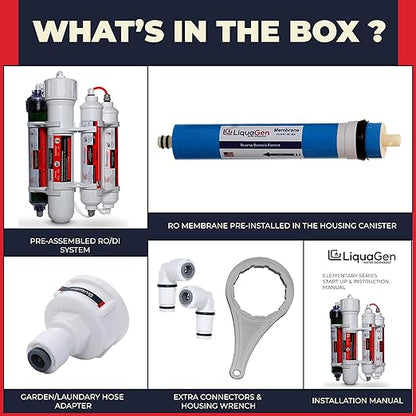 LiquaGen 4 Stage Reverse Osmosis and Deionization (RO/DI) Portable Space Saver Water Purification System | Water Filtration System for Aquarium Filter Processes + Manual Flush Valve (50 GPD)