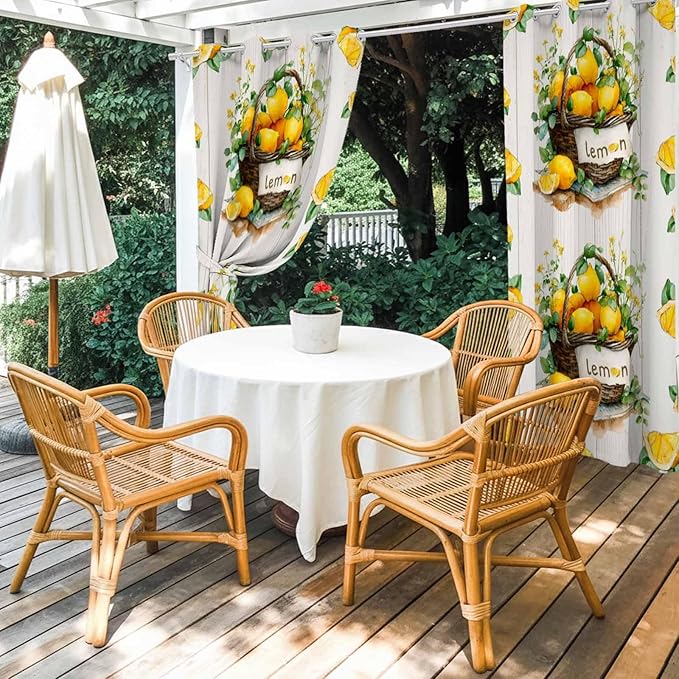 Lemon Outdoor Curtains for Patio Lemons Baskets Summer Tropical Plant Wood Waterproof Outside Curtains with Grommet Top Weatherproof Curtain for Cabana Pergola Gazebo, 1 Panel, 54" W x 95" L