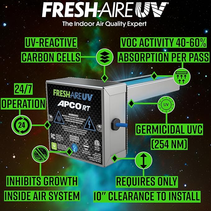 Fresh-Aire UV Fresh-Aire APCO Compact HVAC UV Air Purifier w/Carbon Matrix and Remote Power Supply, Includes Dual 2 Year UVC Lamp for Coils, 18-32 VAC