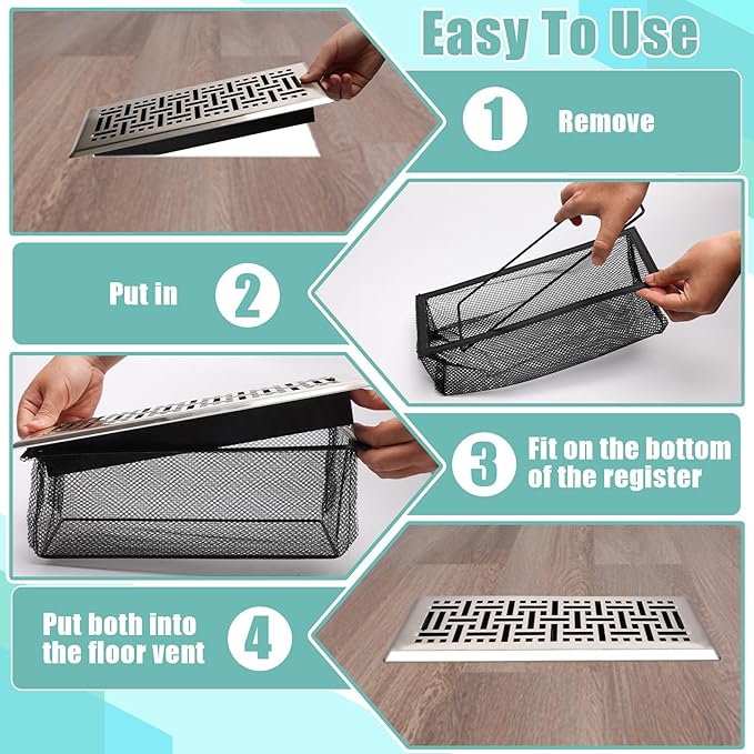 6PCS Floor Register Cover Trap 4"x10", Mesh Floor Vent Screen Net with Frame, Air Vent Filter Mesh Catcher for Hair Debris (4 x 10 Inch)