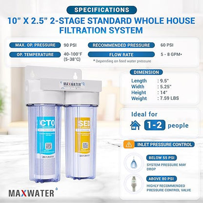 Max Water 2 Stage (Sediment, Odor & Improving Taste) Whole House 10 inch, Standard Water Filtration System - Clear Housing - Sediment + Carbon Block Filter - ¾ Inlet/Outlet