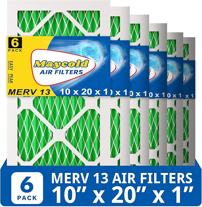 Maycold MERV 13 10x20x1 Air Filter (6-Pack), High-Efficiency Pleated AC & Furnace Filters, Actual Size: 9.70” x 19.70” x 0.75”, Individually Wrapped in Plastic